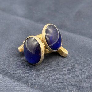 Vintage Hickok Gold Tone Blue Glass Cabochon Cufflinks Mid Century MCM